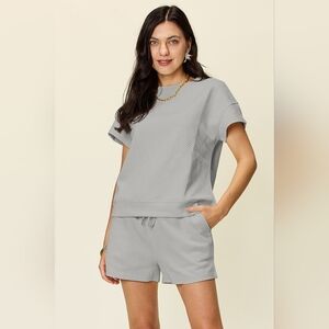 Double Take Full Size Texture Short Sleeve T-Shirt and Drawstring Shorts Set